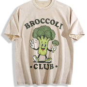 Broccoli Club Veggie Lover Retro Cartoon Vintage Washed T-Shirt in Beige