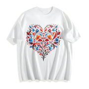 Bohemian Folk Art Heart & Leaf Cotton T-Shirt in White