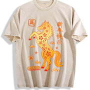 Winter Golden Paper Cut Horse with Red Floral Vintage Washed T-Shirt in Beige