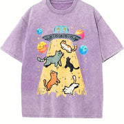 UFO Takeaway Cute Cat Vintage Washed T-Shirt in Purple