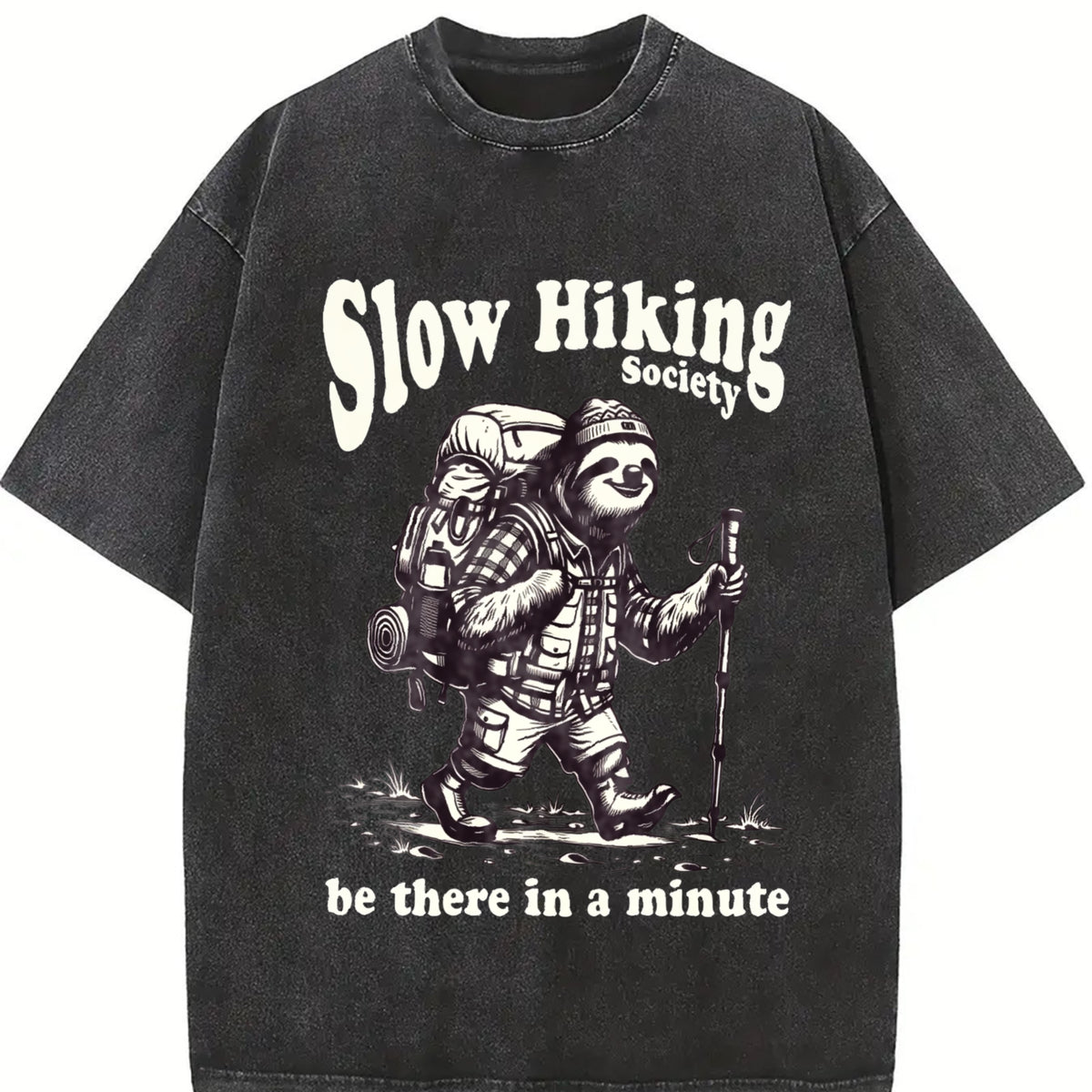 Slow Hiking Society Sloth Hiker Vintage Washed T-Shirt in Black