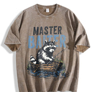 Retro Master Baiter Raccoon Fishing Vintage Washed T-Shirt in Brown