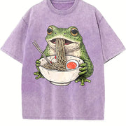 Frog Ramen Retro Frog Eating Noodles Vintage Washed T-Shirt in Purple