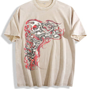 Y2K Gothic Punk Flaming Skulls Biker Grunge Affliction Vintage Washed T-Shirt in Beige