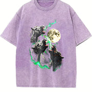 Horse Howling to Moon 90s Vintage Washed T-Shirt in Purple