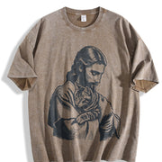 Retro Religious Jesus Hugs Cat Christ Vintage Washed T-Shirt in Brown