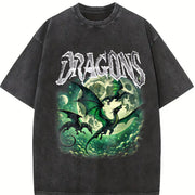 Dragons Fantasy Retro Dragon Grunge Vintage Washed T-Shirt in Black