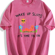 Wake Up Sluts Animal Meme Sarcastic Cursed Unhinged Humor Vintage Washed T-Shirt in Red