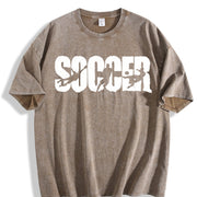 Soccer Distressed Typography Vintage Washed T-Shirt in Brown