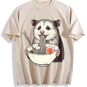 Opossum Ramen Retro Possum Eating Noodles Vintage Washed T-Shirt in Beige