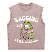 Sagging but Still Gagging Frog Cringe Meme Vintage Washed Tank Top in Brown