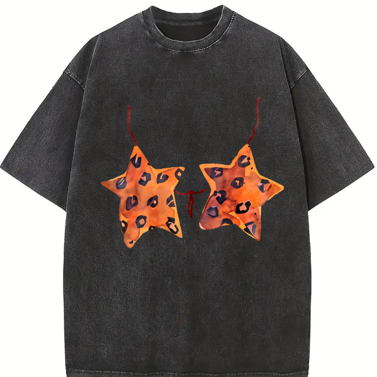 Retro Leopard Star Vintage Washed T-Shirt in Black