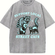 Retro Raccoon Support Local Street Cats 90's Vintage Washed T-Shirt in Gray