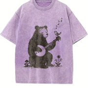 Banjo Bear Bird Retro Folk Music Animal Vintage Washed T-Shirt in Purple
