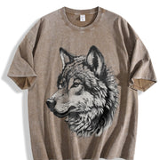 Retro Wolf Face Hand Drawing 90s Vintage Washed T-Shirt in Brown