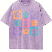 Checkered Flowers Retro Checkered Spring Vintage Washed T-Shirt in Purple