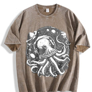 Retro Octopus in Space 90s Vintage Washed T-Shirt in Brown