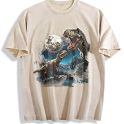 T Rex Moon Retro Dinosaur Prehistoric Vintage Washed T-Shirt in Beige