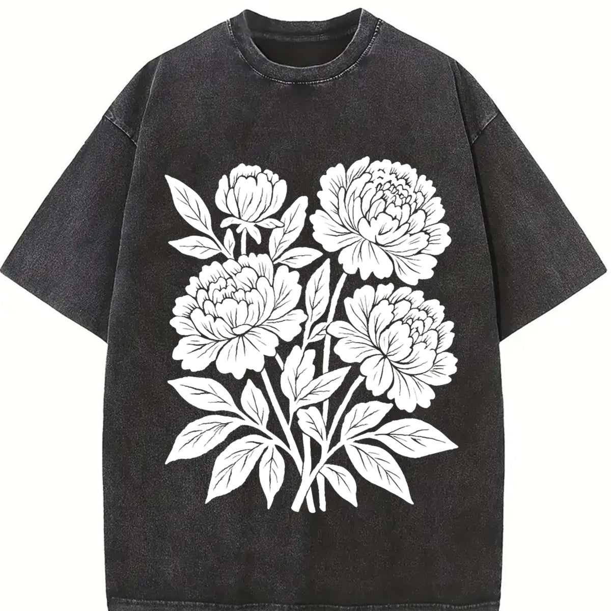 Linocut Flower ® Retro Block Peonies Vintage Washed T-Shirt in Black