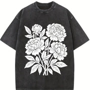 Linocut Flower ® Retro Block Peonies Vintage Washed T-Shirt in Black