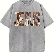Brushstroke Cow Jesus Western Christian Faith Based vintage washed oversized T-shirt in Gray