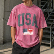 USA Flag Vintage Washed T-Shirt in Red