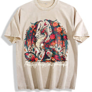 Dragon in a Bouquet of Flowers Vintage Washed T-Shirt in Beige