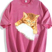 Sleeping Kitten Cat Lover Vintage Washed T-Shirt in Red