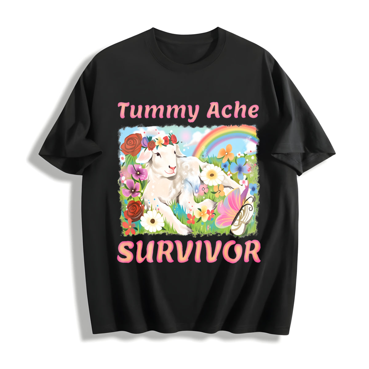Tummy Ache Survivor Lamb Cotton T-Shirt in Black