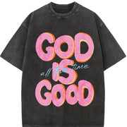 & 230gsm GOD IS GOOD Retro Vintage Washed T-Shirt in Black