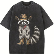 Raccoon Cowboy Western Animal Vintage Washed T-Shirt in Black