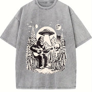 Bigfoot Playing Guitar with Alien and UFO 90s Vintage Washed T-Shirt in Gray