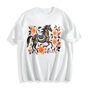 Bohemian Floral & Black Horse Cotton T-Shirt in White