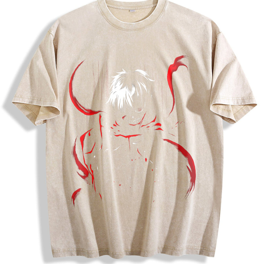 Tokyo Ghoul Ken Kaneki Red Eyes Mask Anime manga movie vintage washed oversized T-shirt in Beige