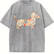 Floral Dachshund Wiener Dog Vintage Washed T-Shirt in Gray