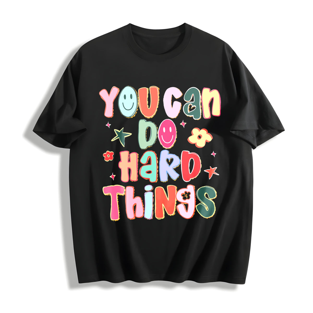 You Can Do Hard Things Hand Drawn Motivational Teacher Cotton T-Shirt in Black