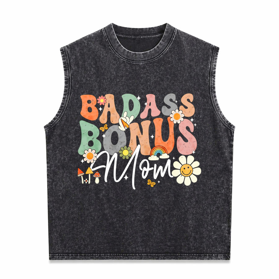 Badass Bonus Mom Stepmom for Mother's Day & Holidays Vintage Washed Tank Top in Black