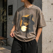 Witch Cat Moon: Retro Gothic Halloween Vintage Washed T-Shirt in Brown