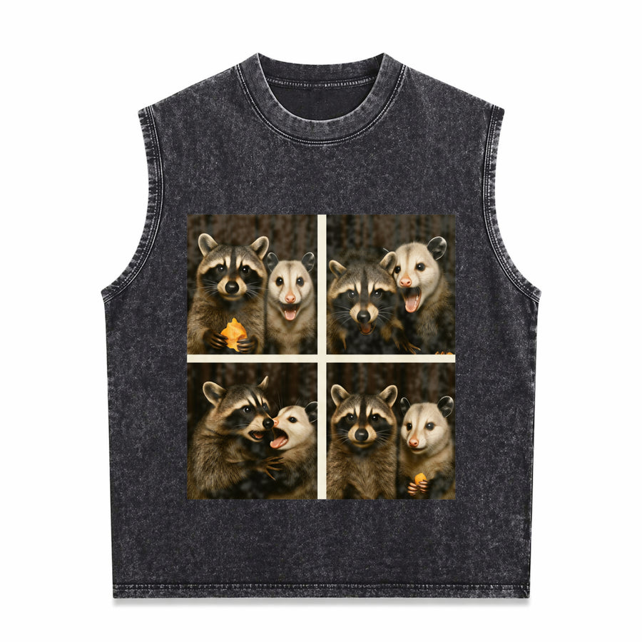 Possum & Raccoon Photobooth Selfie Vintage Washed Tank Top in Black