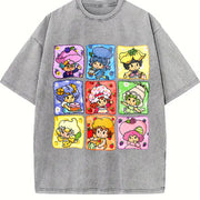 Cartoon Friends Nostalgia 80's Cartoon Characters Rainbow vintage washed oversized T-shirt in Gray