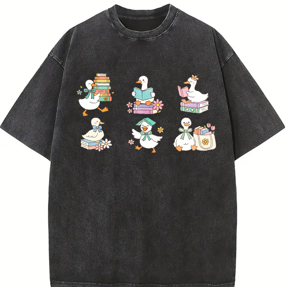 Silly Goose Reading Vintage Washed T-Shirt in Black