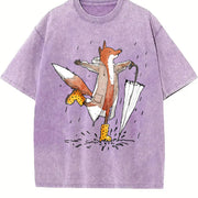 Fox in the Rain Fashionable Vintage Washed T-Shirt in Purple