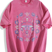 Gothic Garden Dark Academia Floral Skull Creepy Cute Vintage Washed T-Shirt in Red