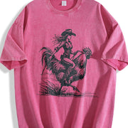Retro Cowgirl Riding Chicken 90s Vintage Washed T-Shirt in Red
