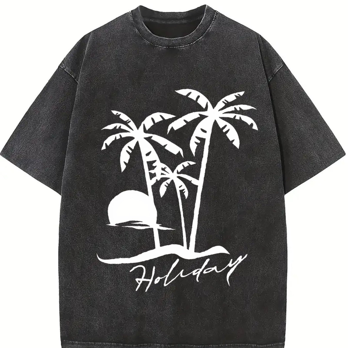 Beach Short-sleeved Sunset Beach for Spring Vintage Washed T-Shirt in Black