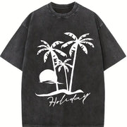 Beach Short-sleeved Sunset Beach for Spring Vintage Washed T-Shirt in Black
