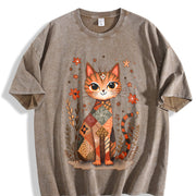 Retro Cat Short-sleeve Vintage Washed T-Shirt in Brown