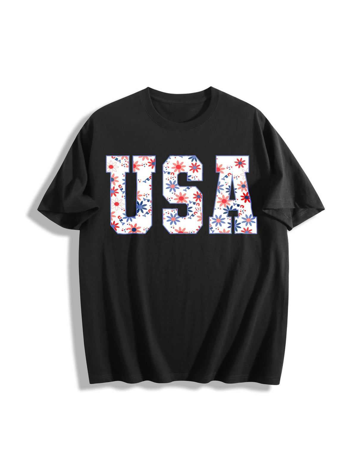 USA Floral Cotton T-Shirt in Black