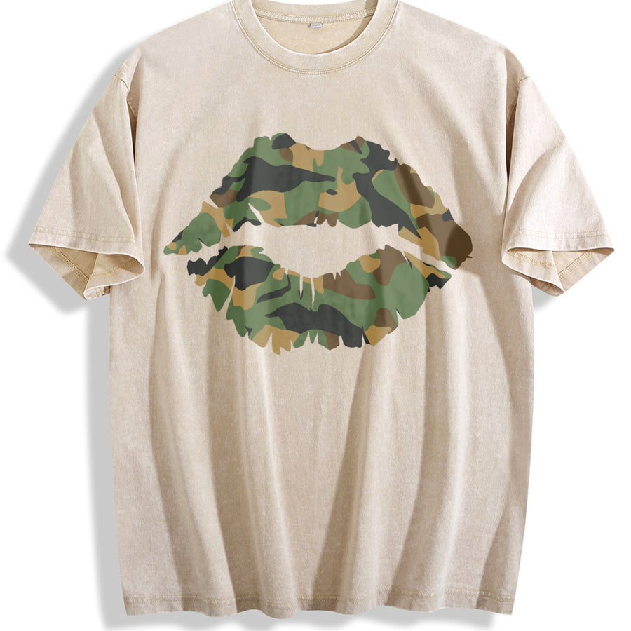 Camo Lip Soft Knit Breathable & vintage washed oversized T-shirt in Beige