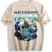 Peacock Retro Bird Lover Vintage Washed T-Shirt in Beige